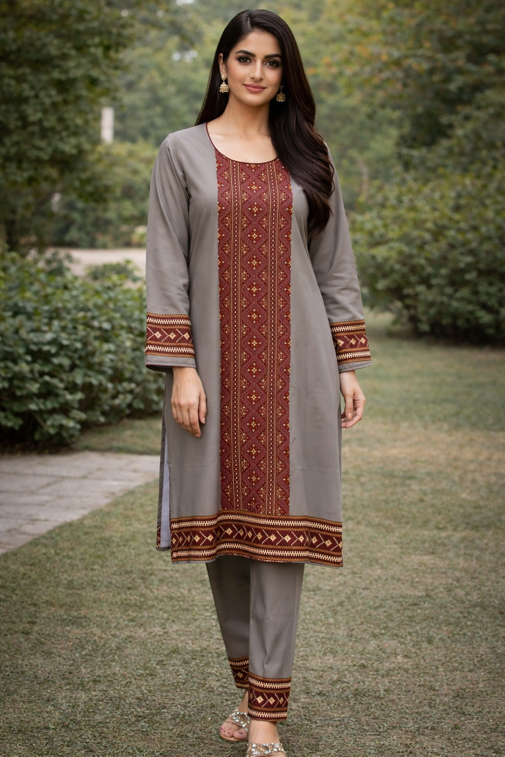 Grey Ethnic 2 Piece Ladies Suit