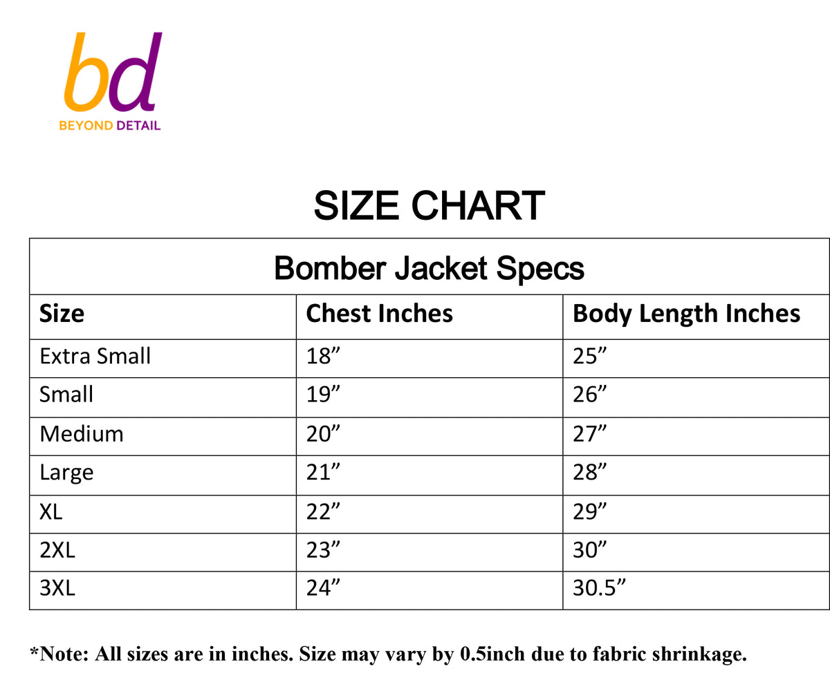 Bomber jacket size chart — Beyond Detail Pakistan