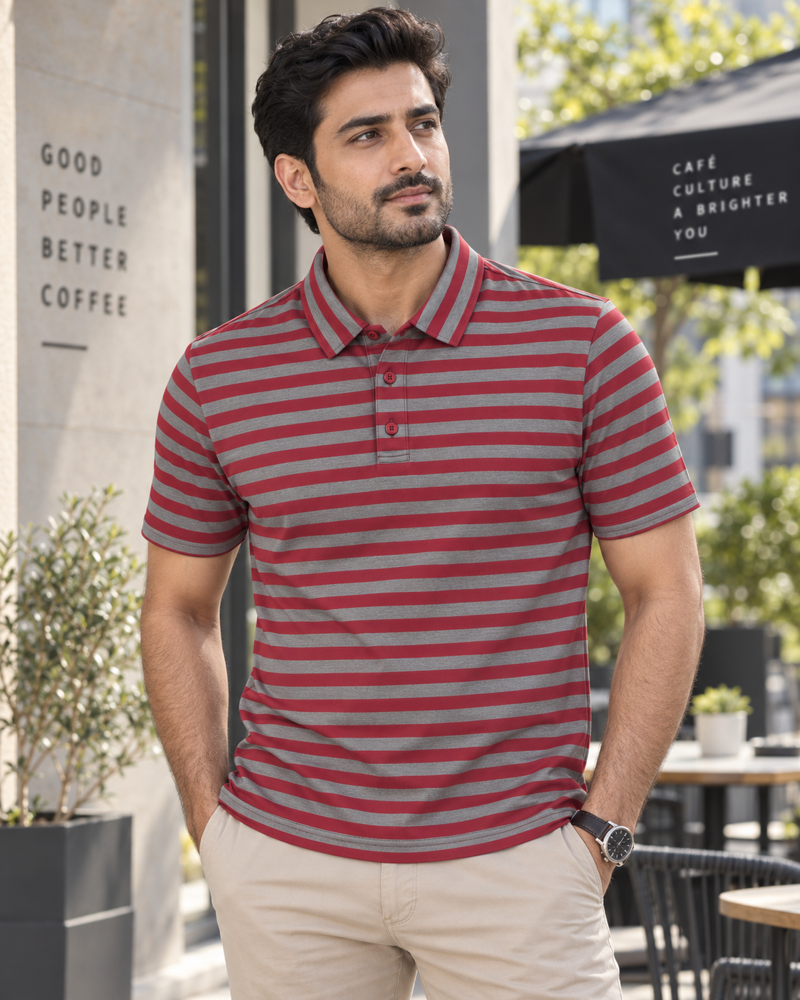 Red and Grey Striped Polo - Hand Crafted