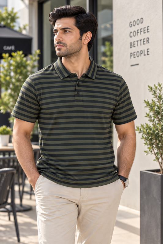 Olive and Black Striped Polo - Hand Crafted