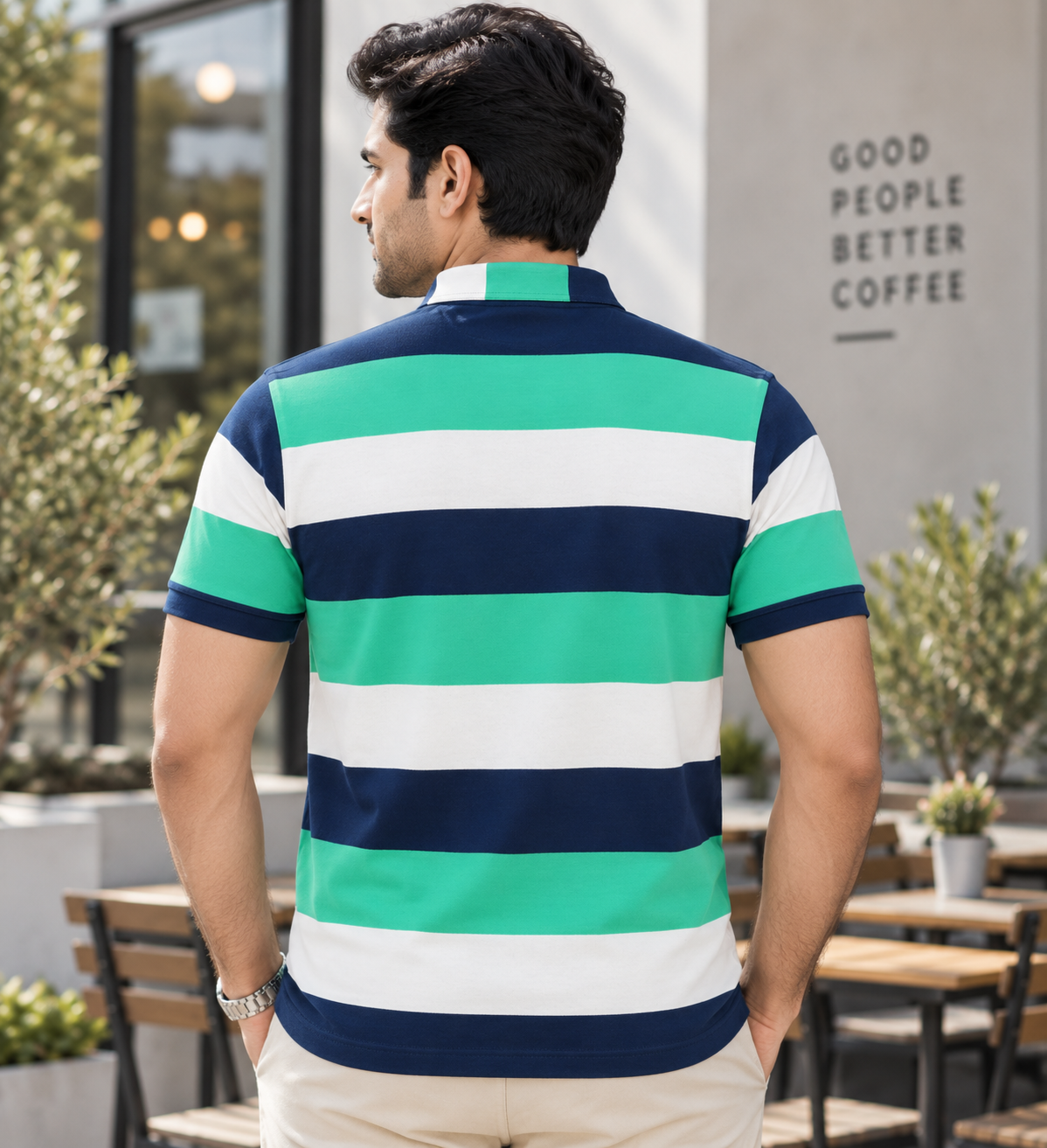 Mint, Navy & White Block Stripe Polo - Hand Crafted