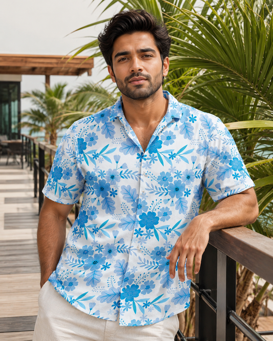 Blue Monochrome Floral Hawaiian Shirt