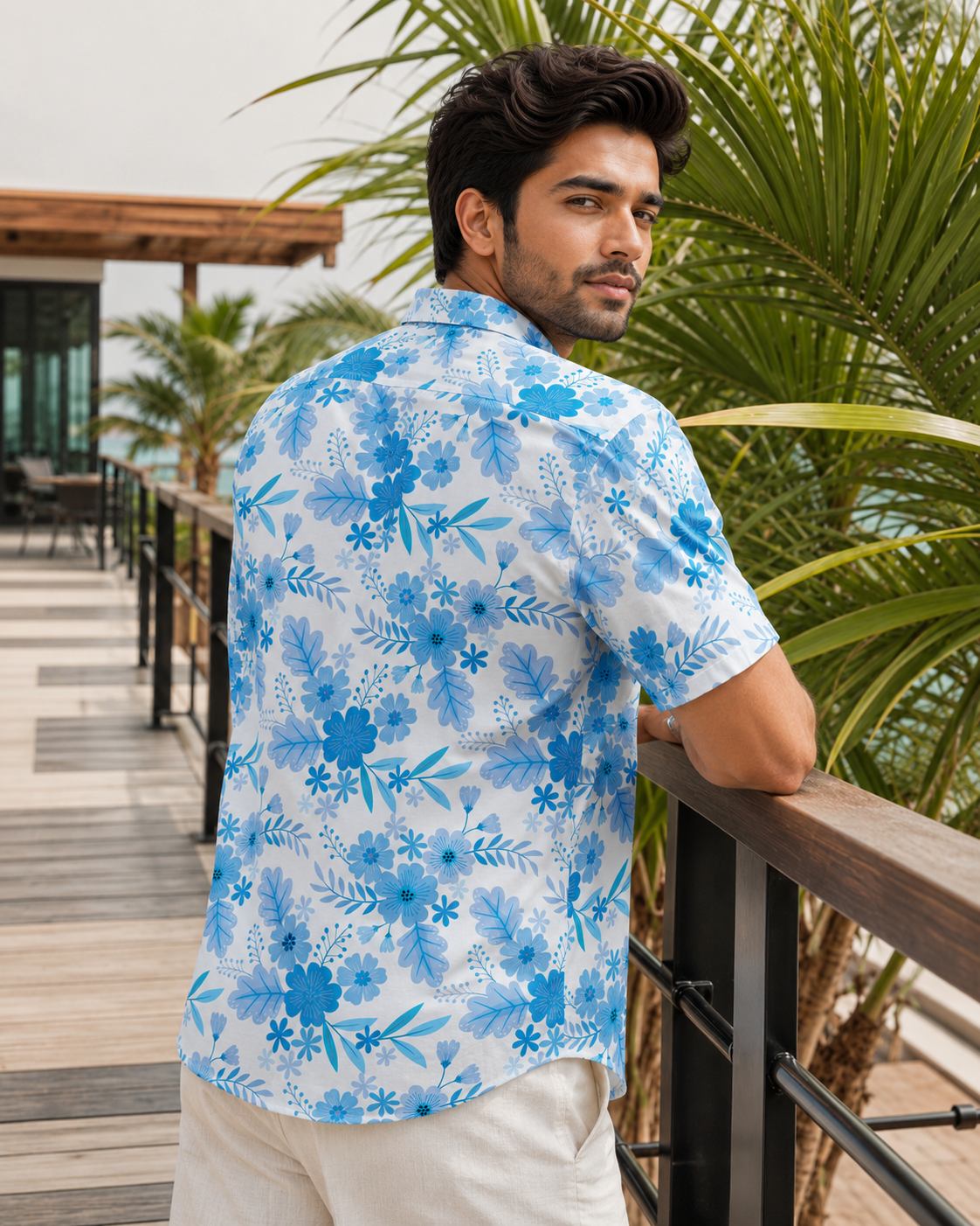 Blue Monochrome Floral Hawaiian Shirt