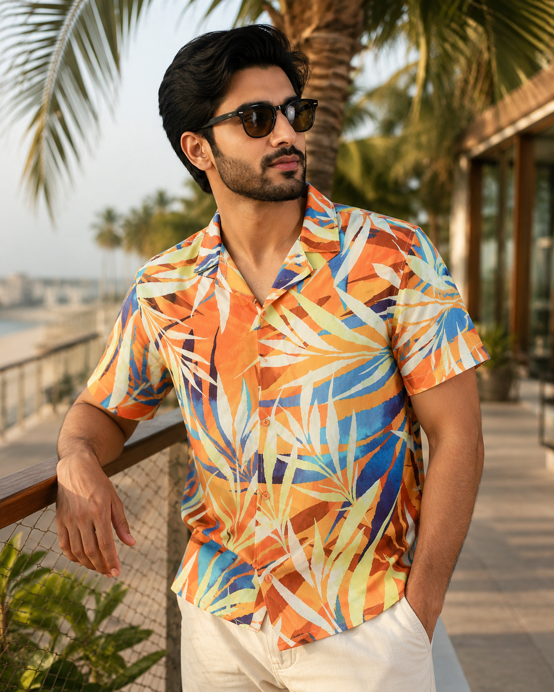 Orange White Blue Botanical Leaves Hawaiian Shirt