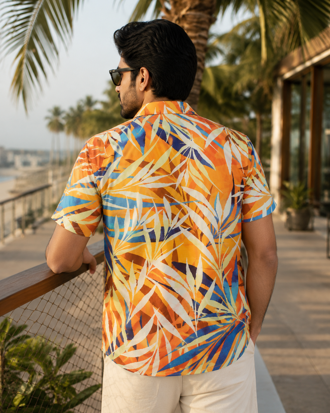 Orange White Blue Botanical Leaves Hawaiian Shirt