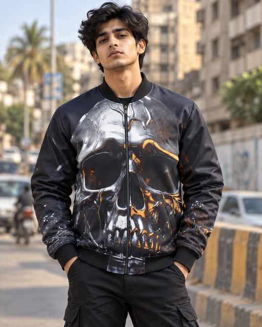 Melting Skull Bomber Jacket — all-over printed by Beyond Detail Pakistan