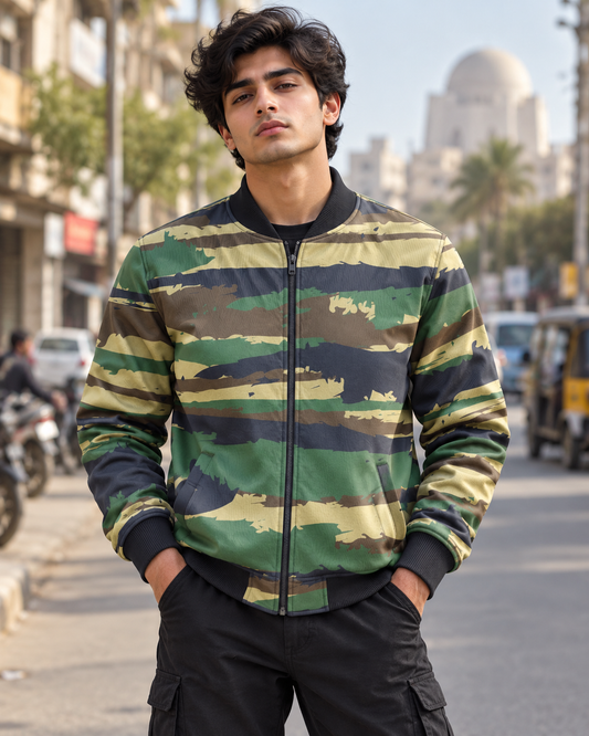 Green Camouflage Bomber Jacket — all-over printed by Beyond Detail Pakistan