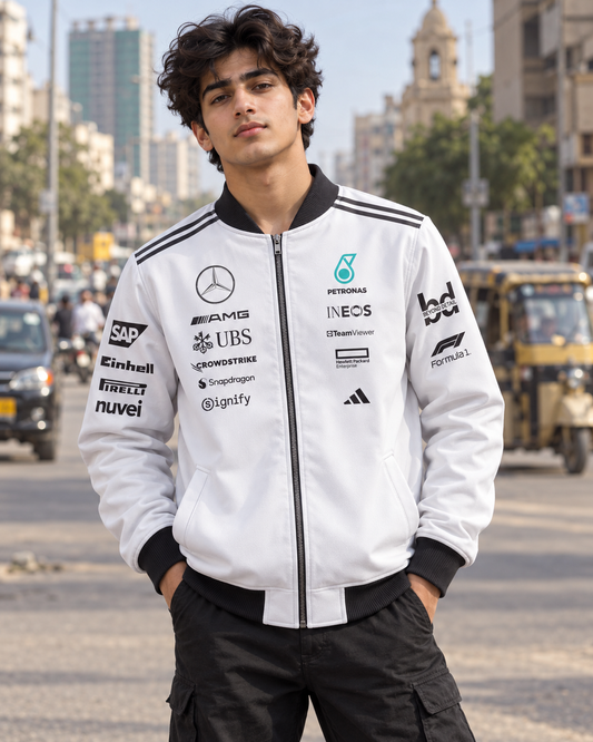 Formula 1 White Bomber Jacket — all-over printed by Beyond Detail Pakistan
