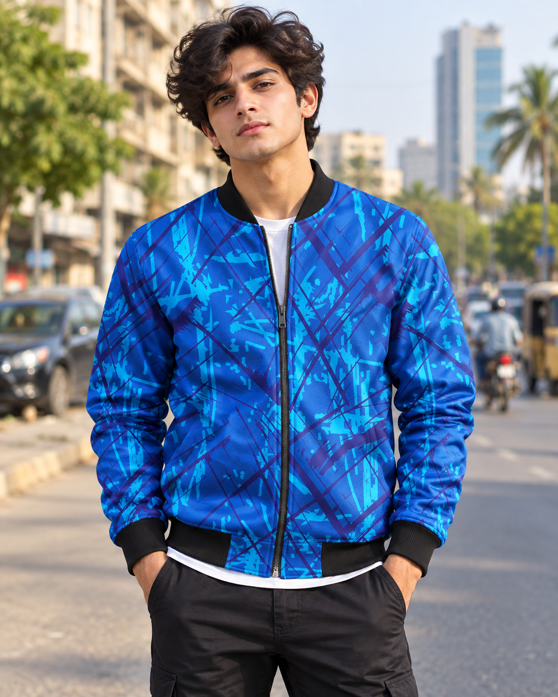 Blue Sketches Bomber Jacket — all-over printed by Beyond Detail Pakistan