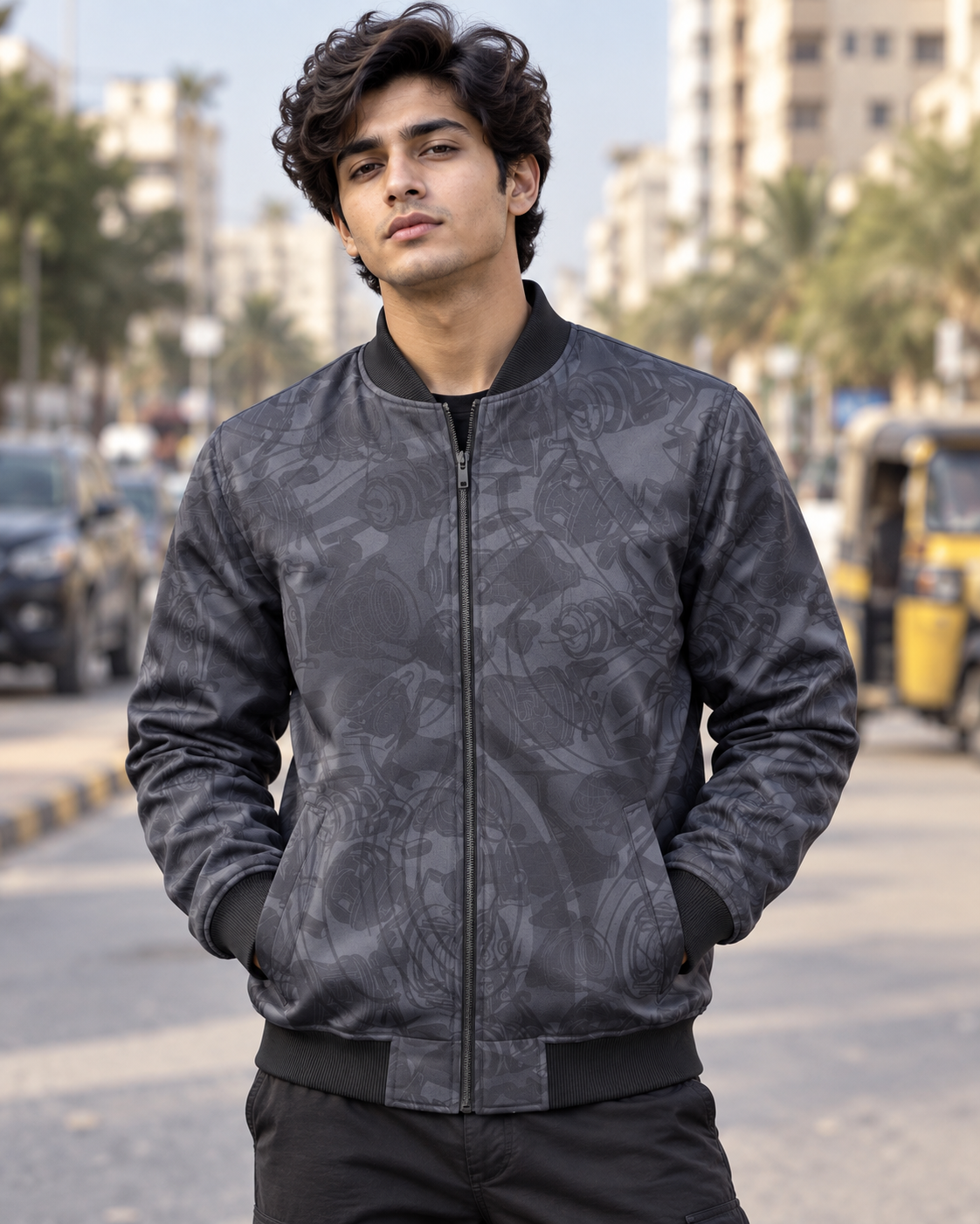Gray Abstract Bomber Jacket — all-over printed by Beyond Detail Pakistan