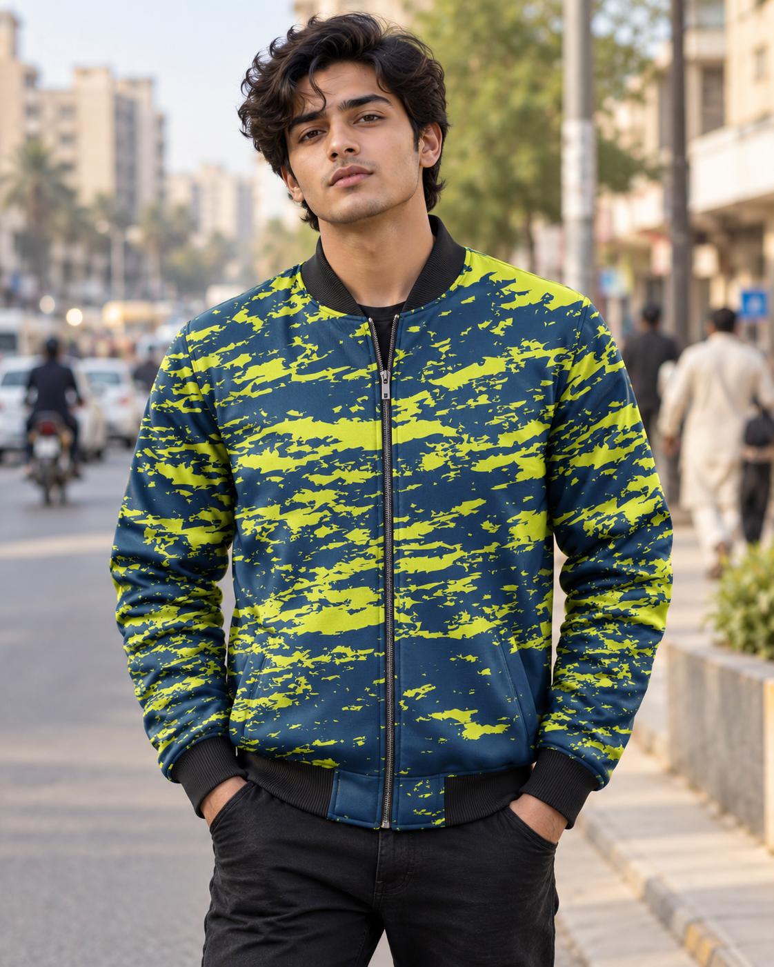 Green Clouds Bomber Jacket — all-over printed by Beyond Detail Pakistan