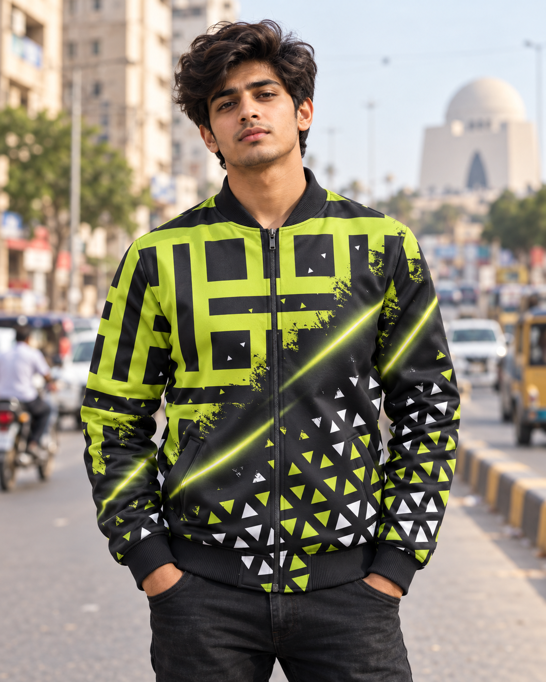 Green Spark Bomber Jacket — all-over printed by Beyond Detail Pakistan