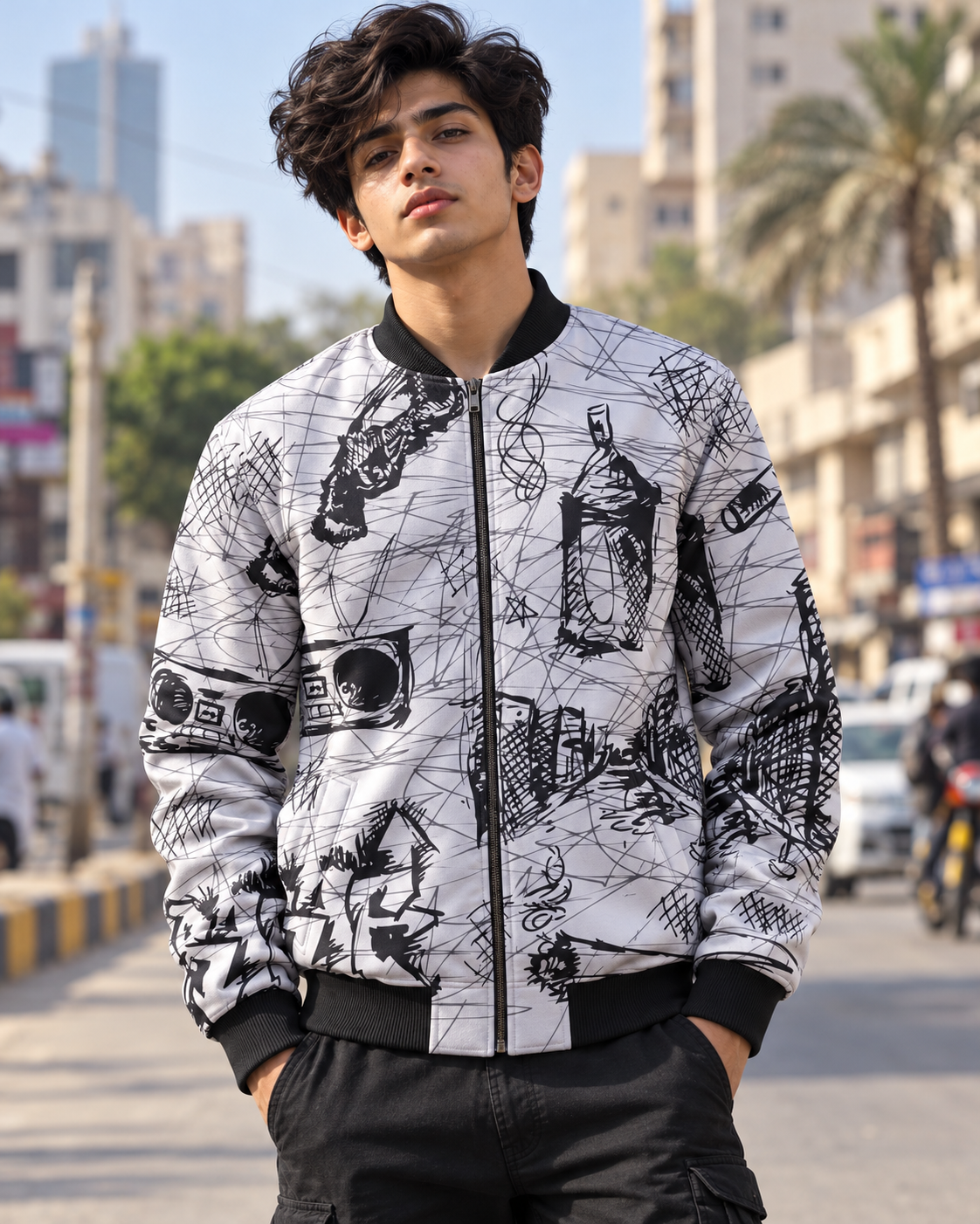 Hand Drawn Graffiti Bomber Jacket — all-over printed by Beyond Detail Pakistan