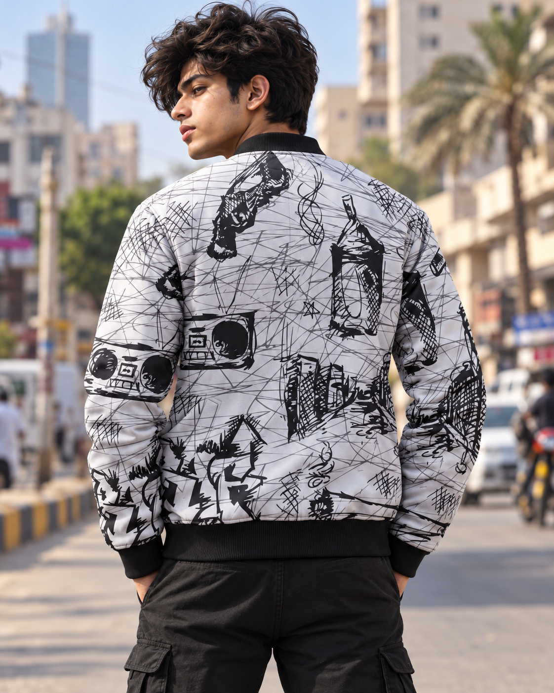 Hand Drawn Graffiti Bomber Jacket — all-over print, view 2