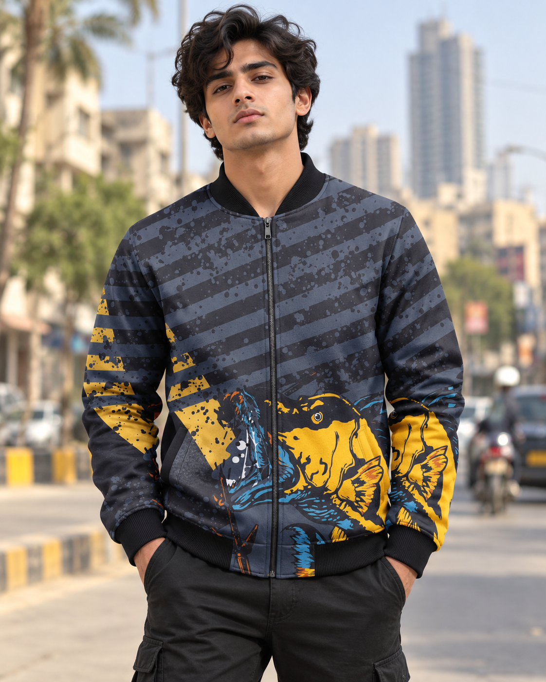 Teeth Fish Bomber Jacket — all-over printed by Beyond Detail Pakistan