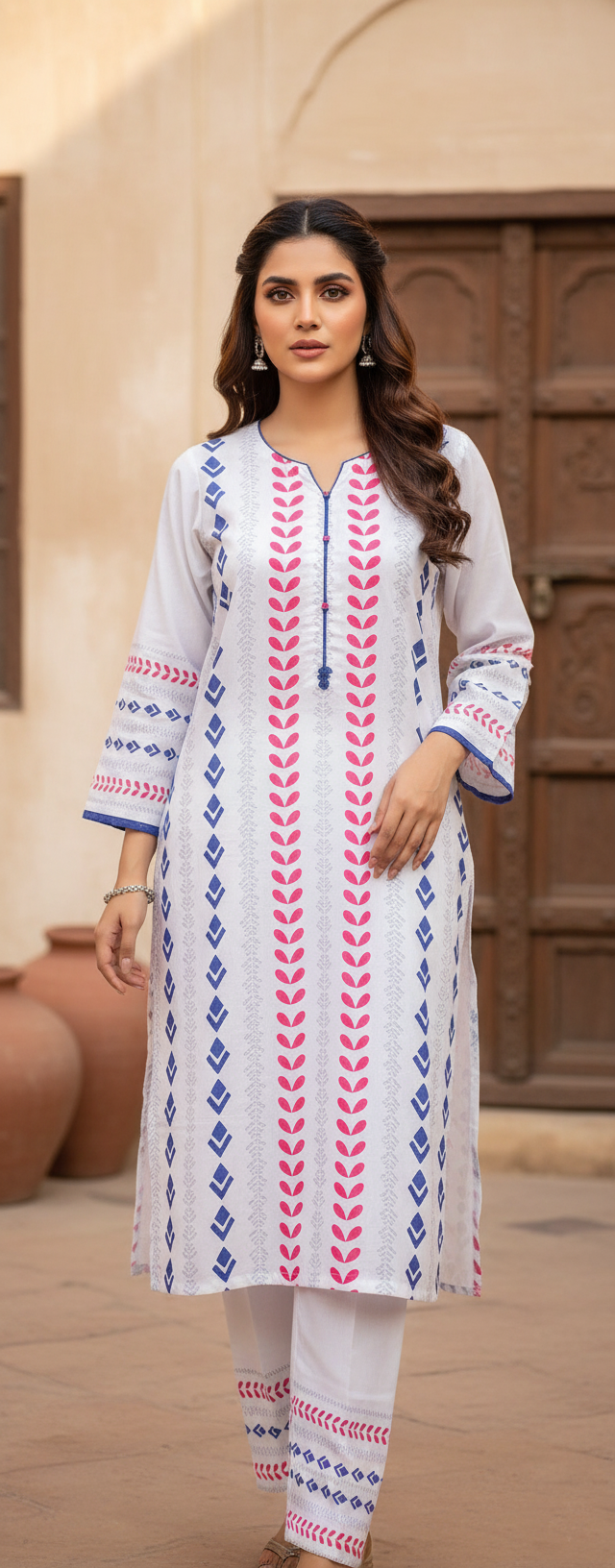 White Ethnic 2 Piece Ladies Suit