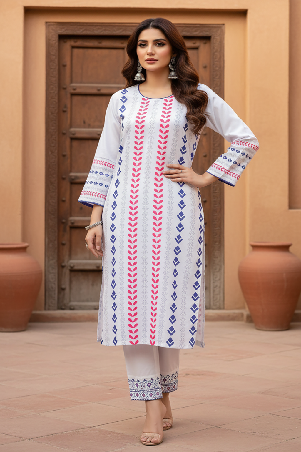 White Ethnic 2 Piece Ladies Suit